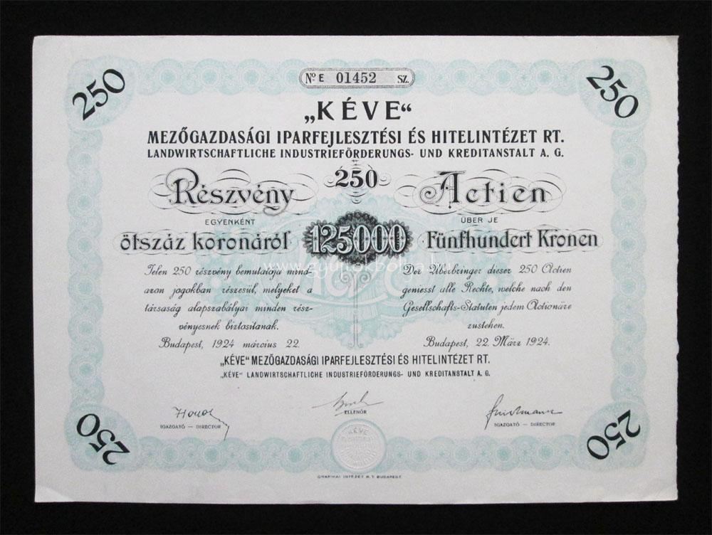 KÉVE Mezõgazdaság Iparfejlesztés Hitelintézet részvény 250x 1924